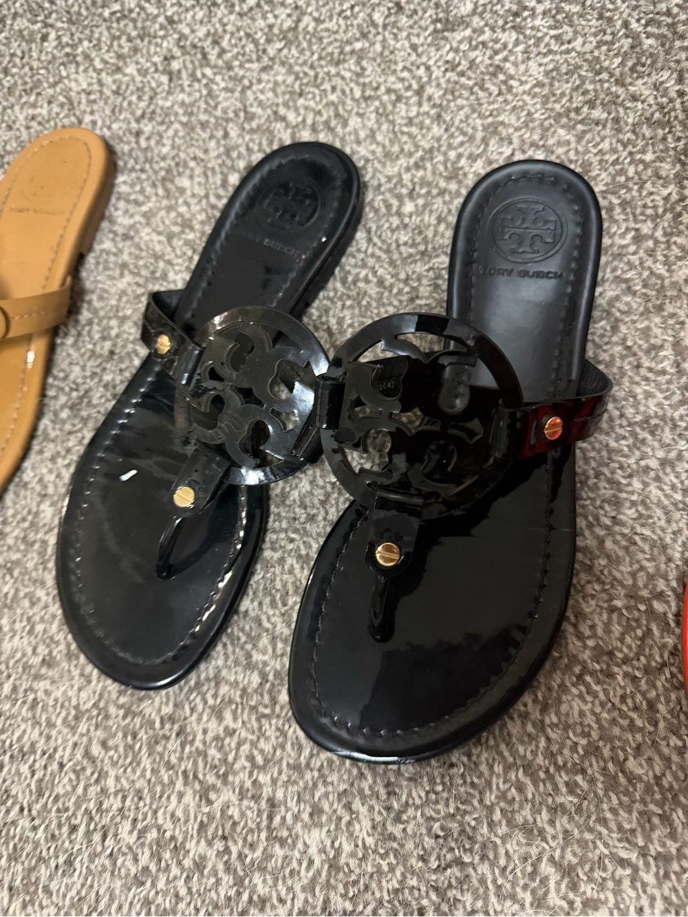 Tory Burch Black Patent Logo Thong Sandals with Gold Accents